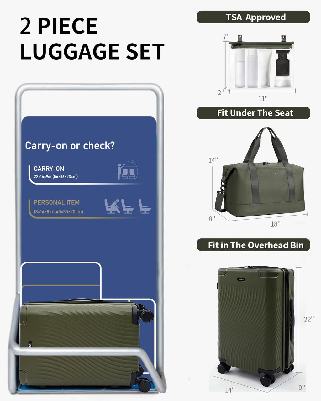 Hardside Expandable Carry On Luggage 20" Green E293