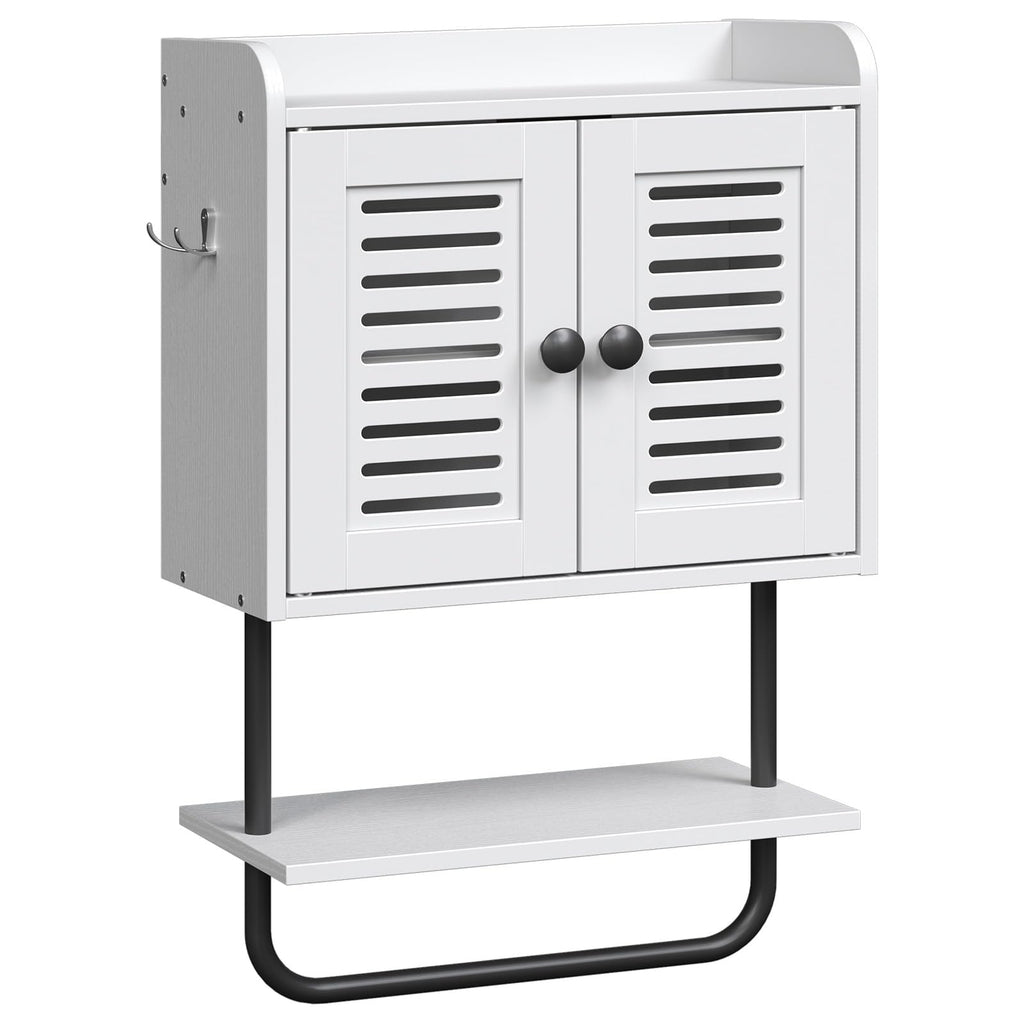 White Double Doors Bathroom Wall Cabinet with Towel Bar, Adjustable Shelf, 2 Hooks O504948
