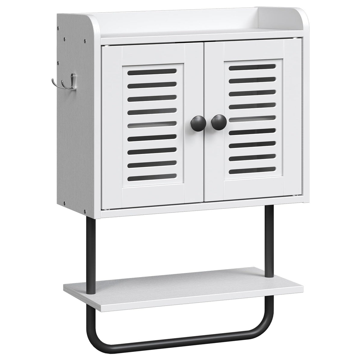 White Double Doors Bathroom Wall Cabinet with Towel Bar, Adjustable Shelf, 2 Hooks O504948