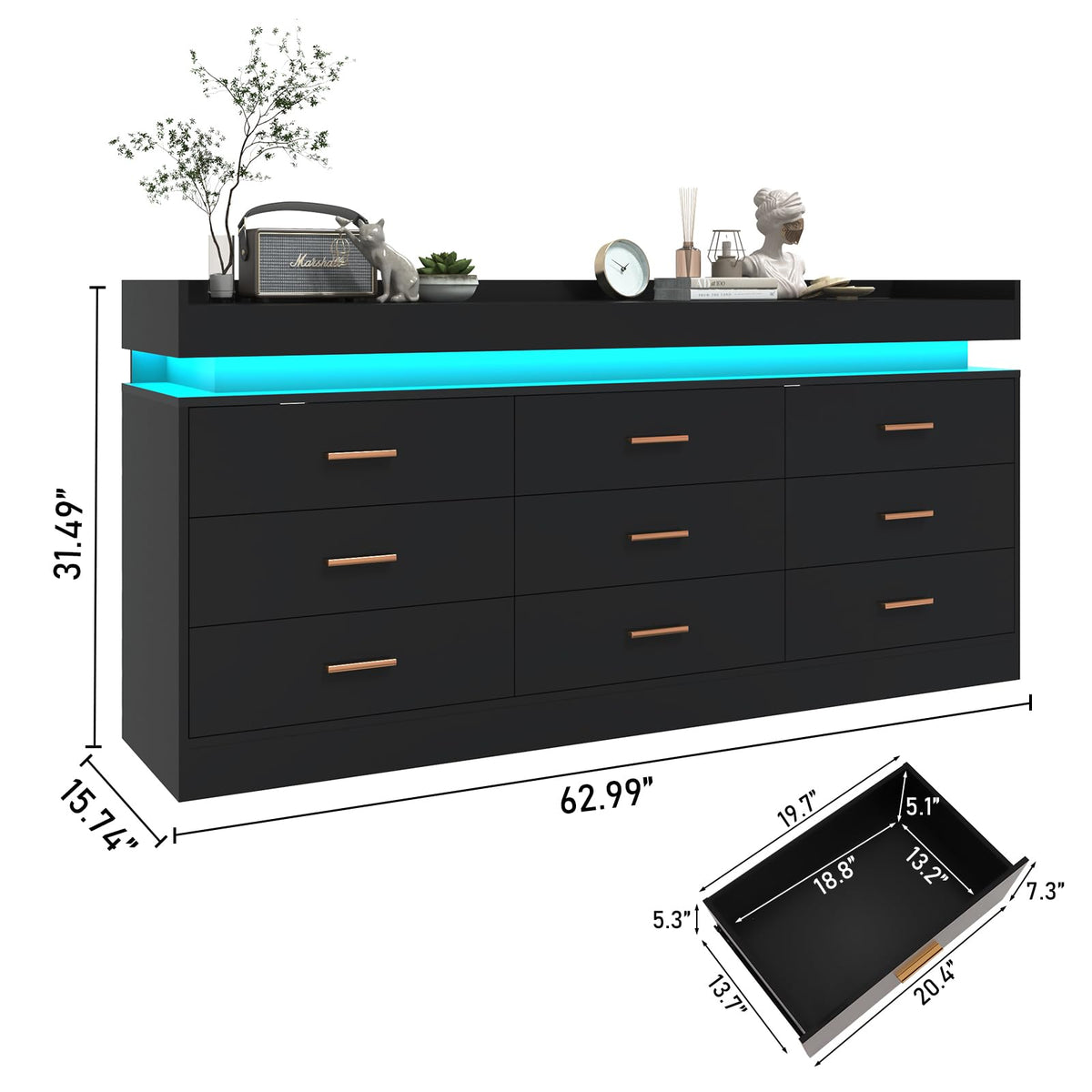 Black 9 Drawer Dresser with Charging Station and LED Lights M570