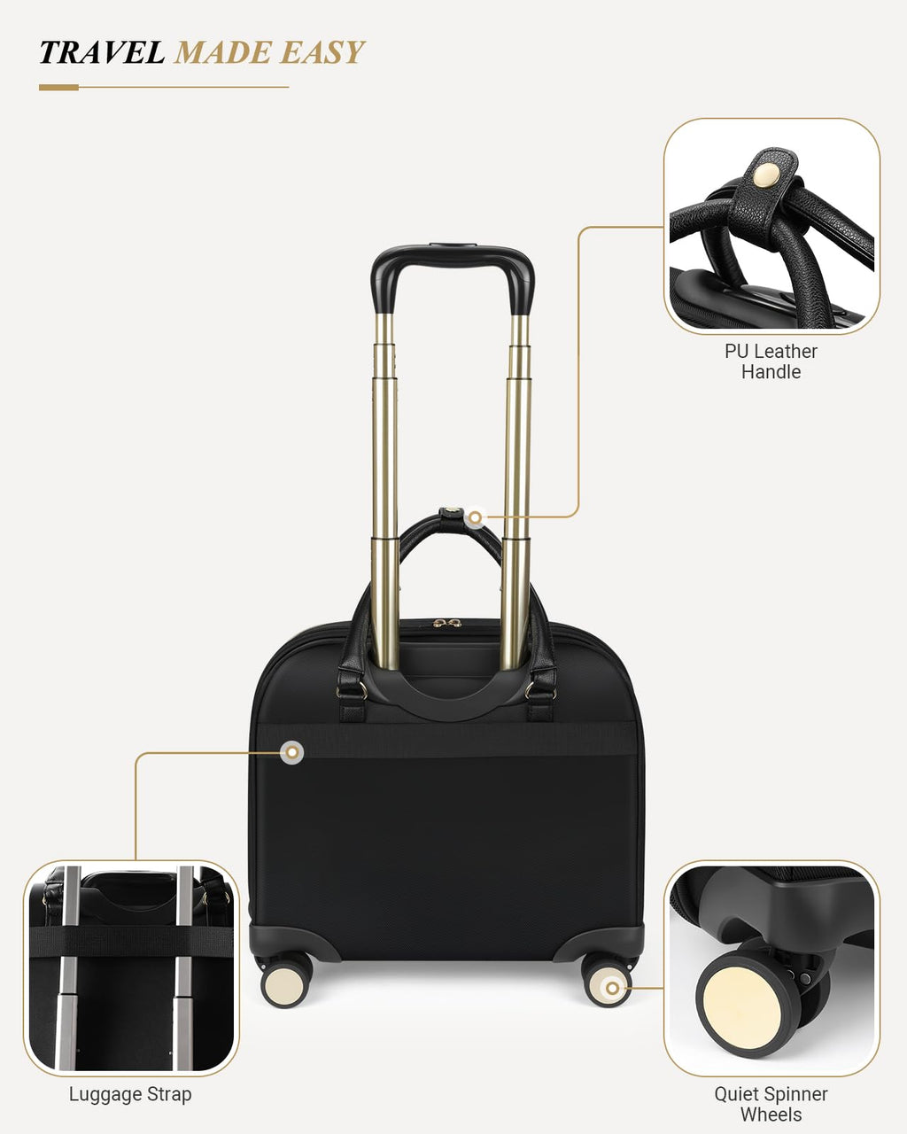 Rolling Laptop Bag for Women, 45L Wheeled Briefcase with USB Type-C Ports, Black Gold E598461