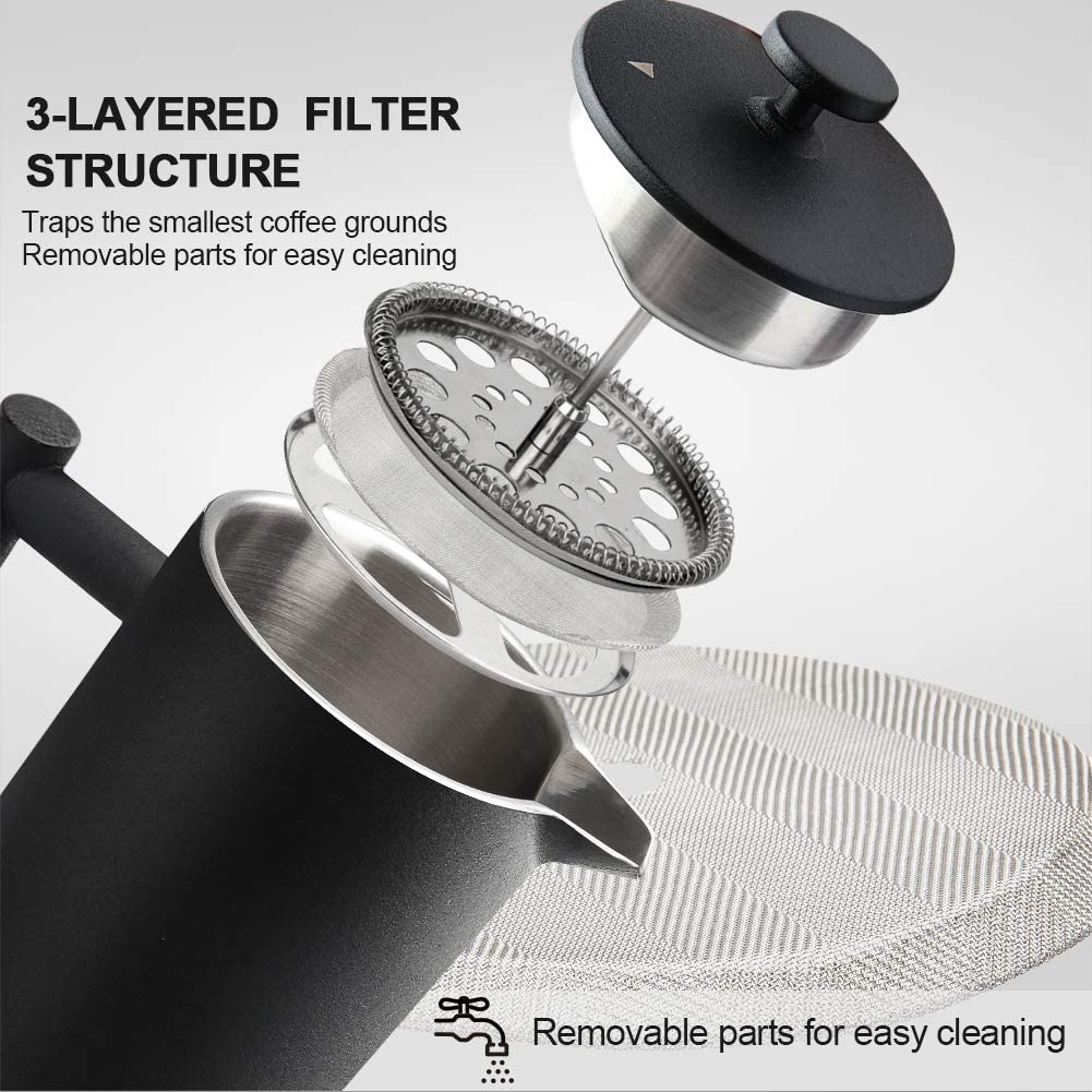 French Press Coffee Maker, 304 Grade Stainless Steel Insulated, 34oz, Black D553