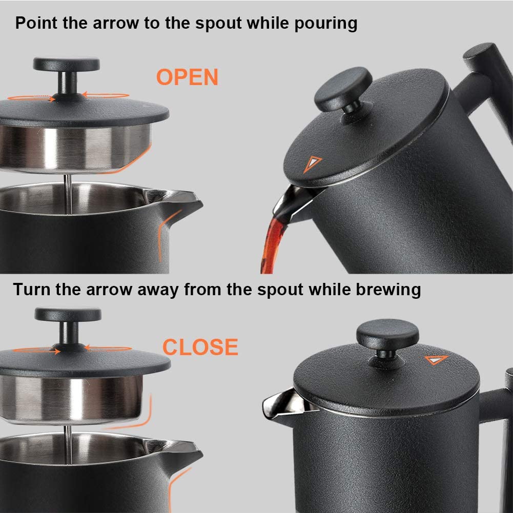 French Press Coffee Maker, 304 Grade Stainless Steel Insulated, 34oz, Black D553