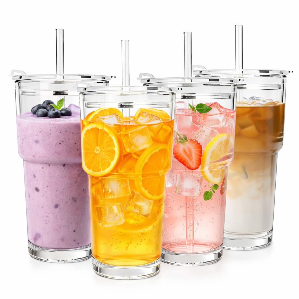 Clear Iced Coffee Cups with Lids 4 Pack 20oz Reusable Glass Cups M981625