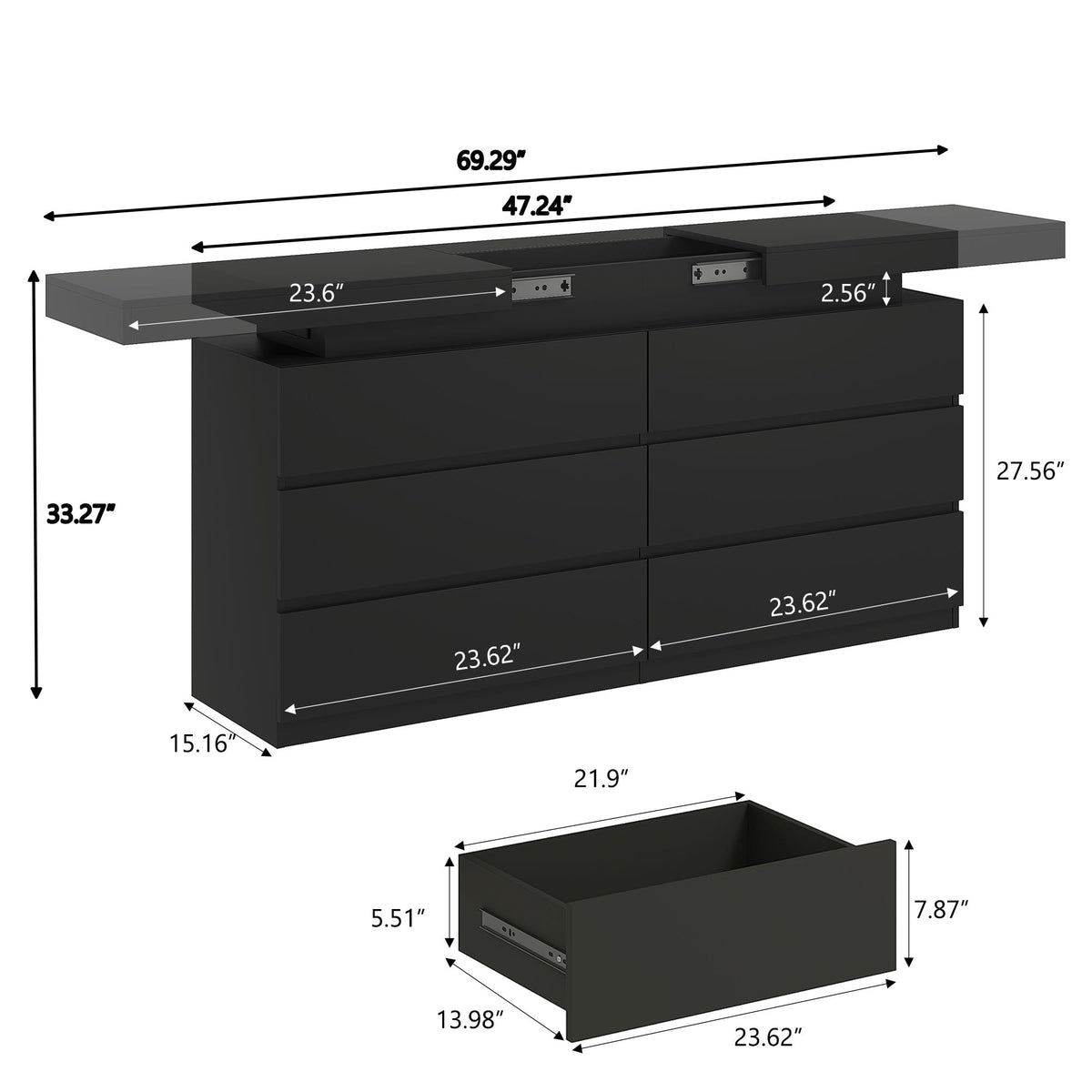 Black 6 Drawer Dresser with Sliding Desktop C609788