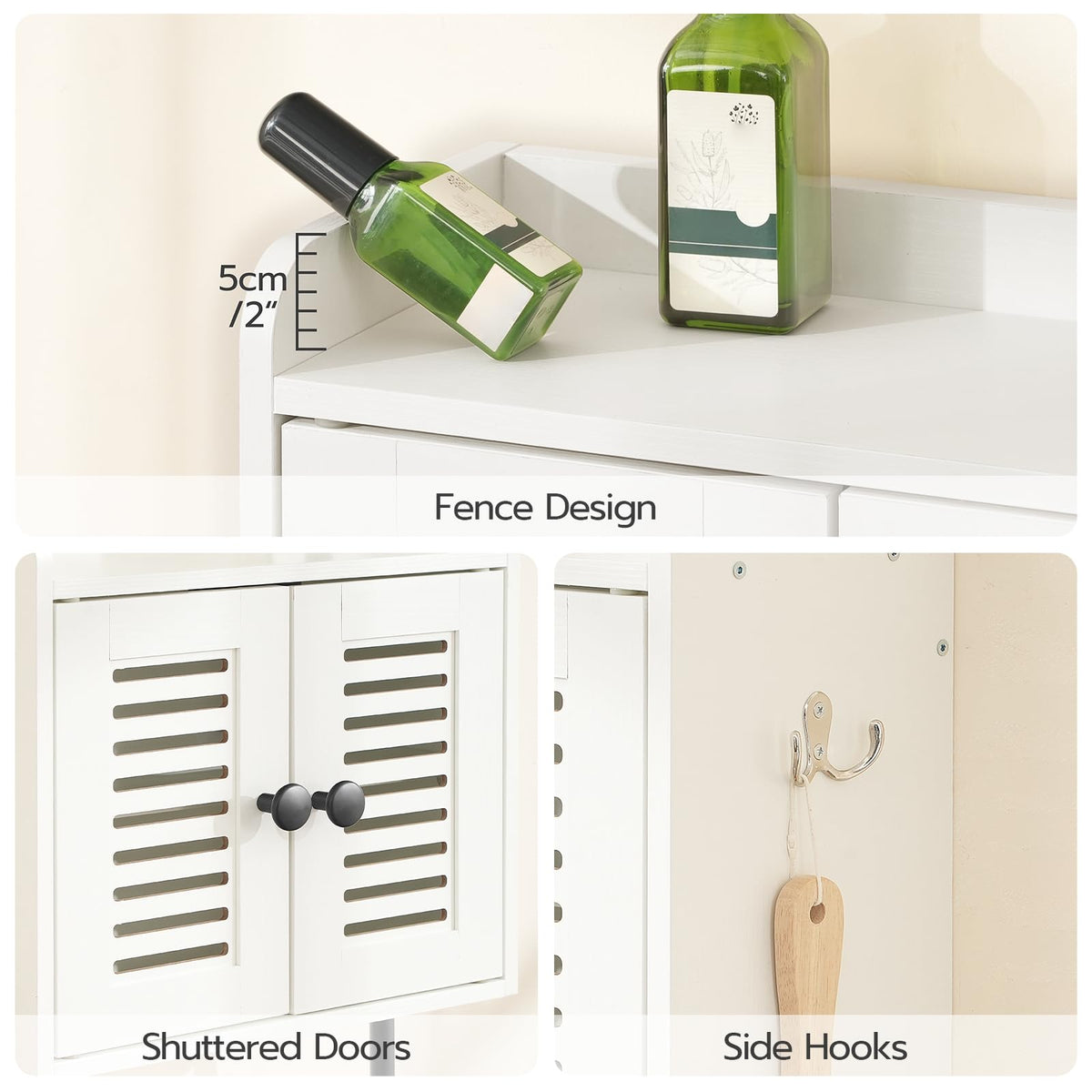 White Double Doors Bathroom Wall Cabinet with Towel Bar, Adjustable Shelf, 2 Hooks O504948