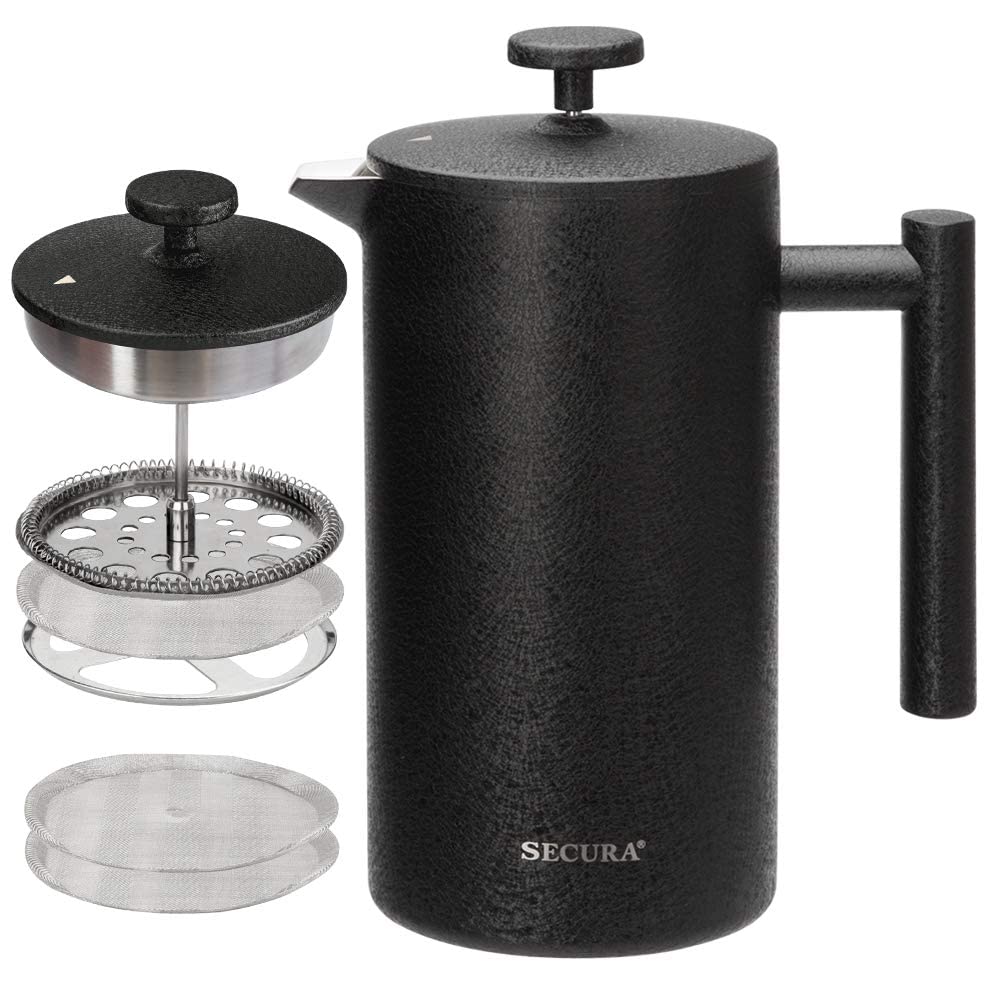 French Press Coffee Maker, 304 Grade Stainless Steel Insulated, 34oz, Black D553