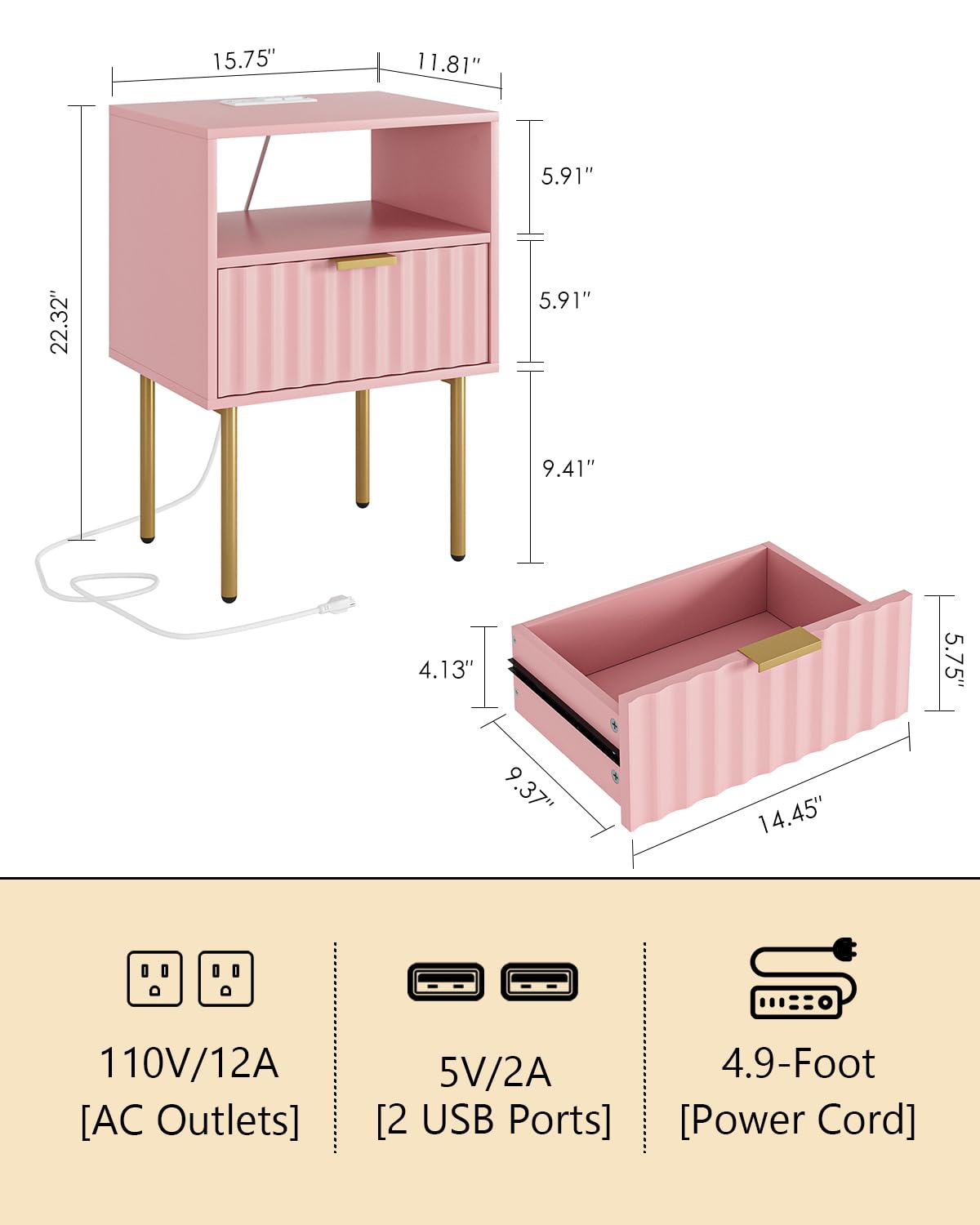 Pink Fluted Nightstand with Charging Station V59930