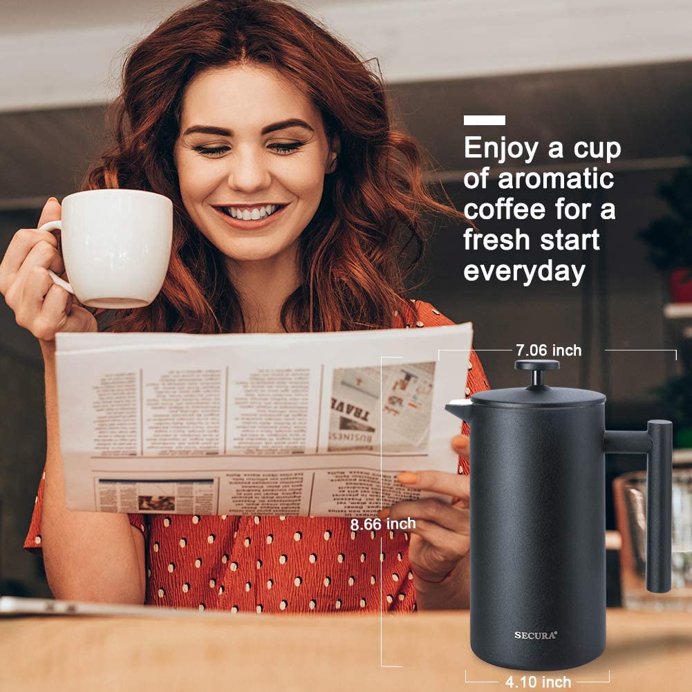 French Press Coffee Maker, 304 Grade Stainless Steel Insulated, 34oz, Black D553