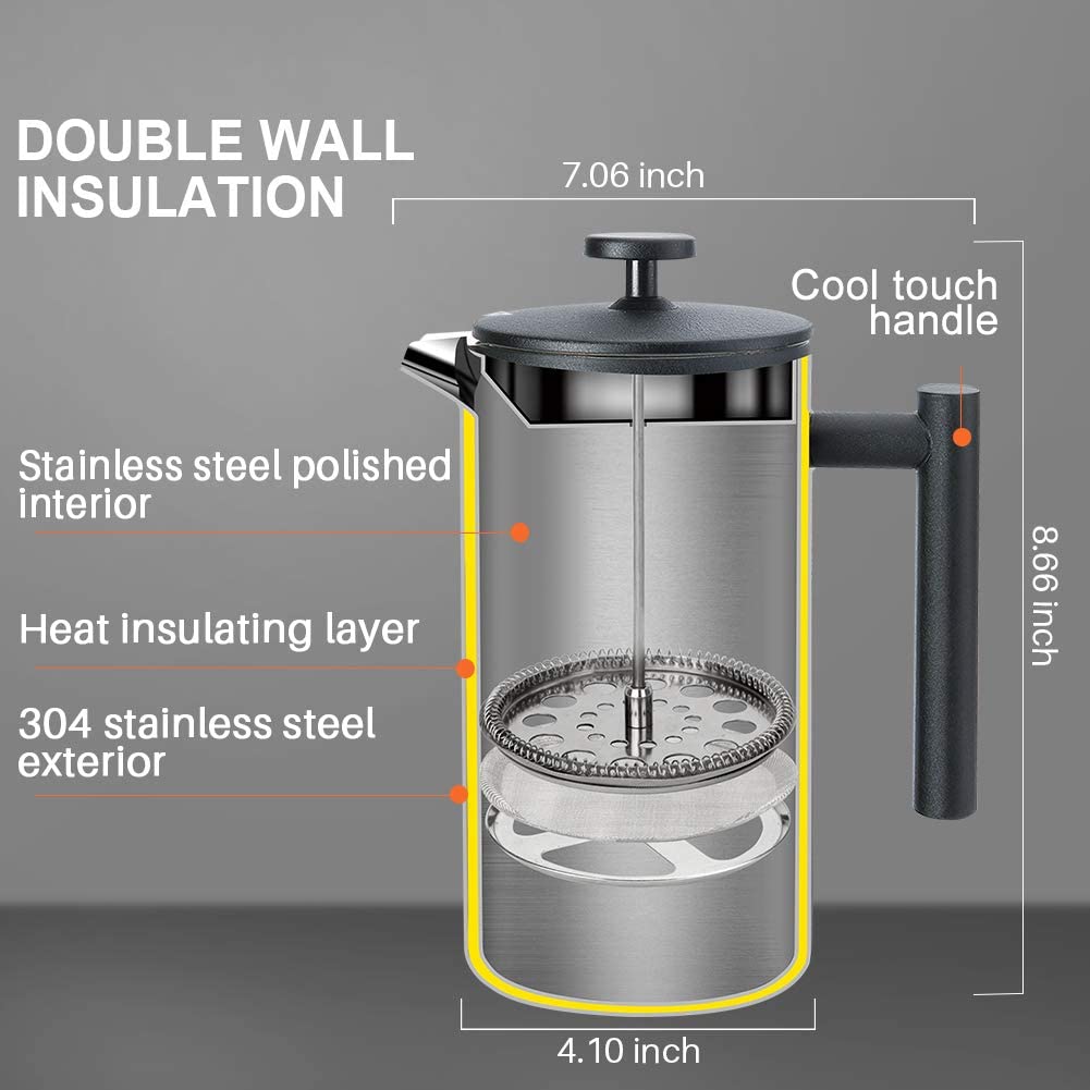 French Press Coffee Maker, 304 Grade Stainless Steel Insulated, 34oz, Black D553