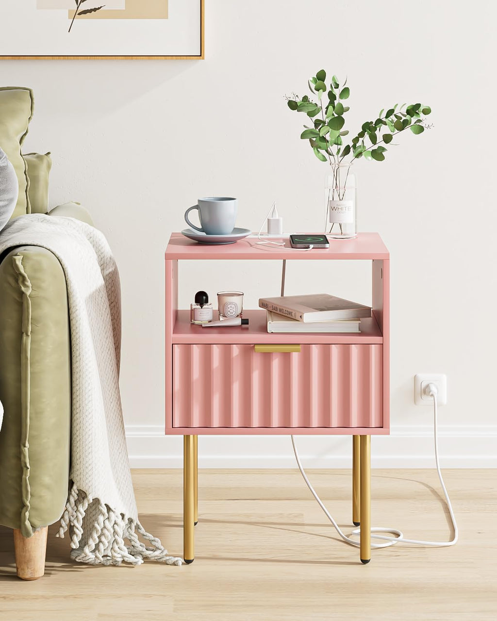 Pink Fluted Nightstand with Charging Station V59930