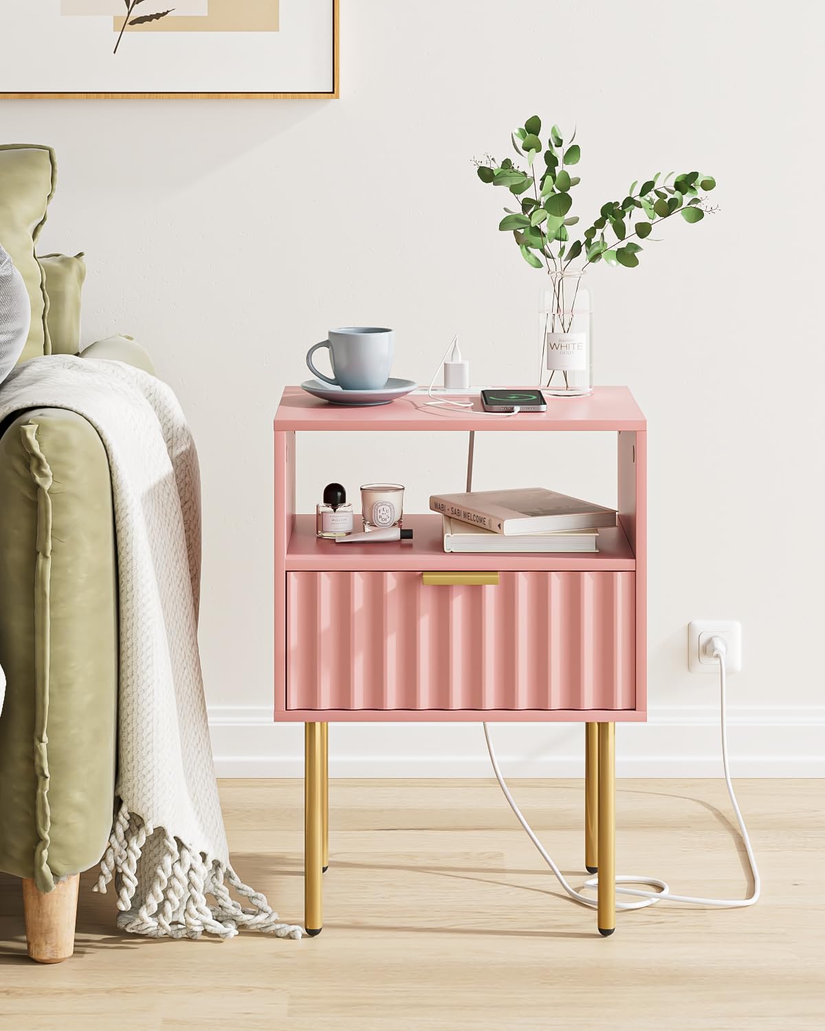 Pink Fluted Nightstand with Charging Station V59930