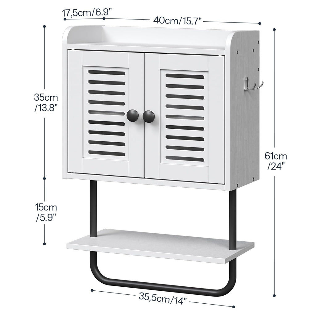 White Double Doors Bathroom Wall Cabinet with Towel Bar, Adjustable Shelf, 2 Hooks O504948