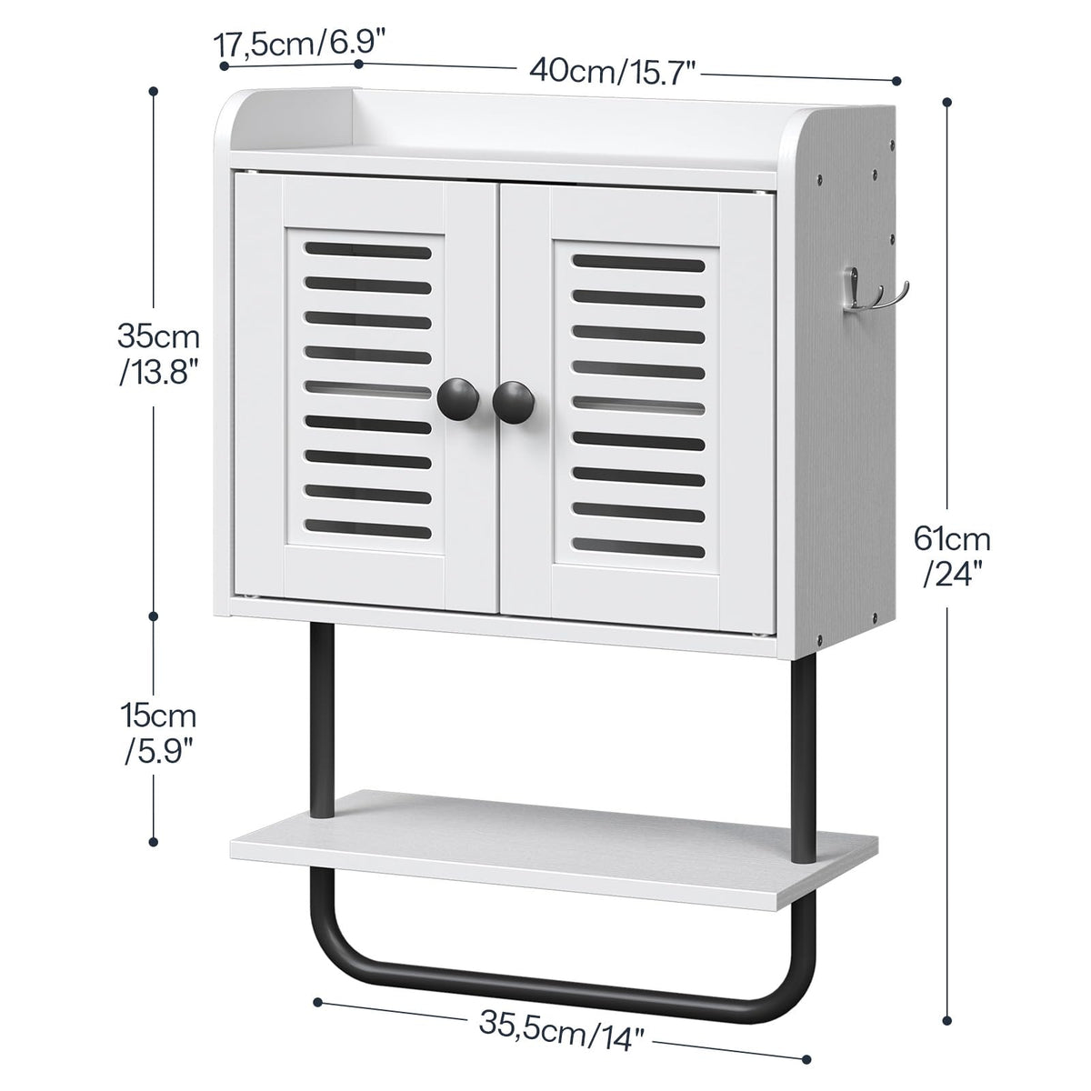 White Double Doors Bathroom Wall Cabinet with Towel Bar, Adjustable Shelf, 2 Hooks O504948