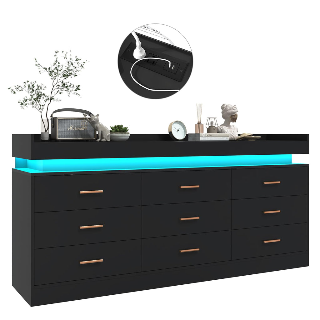 Black 9 Drawer Dresser with Charging Station and LED Lights M570