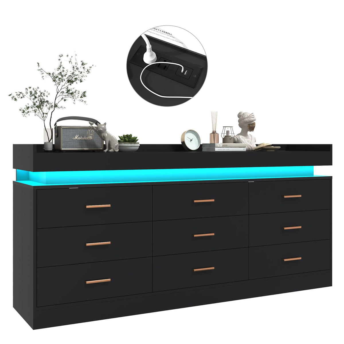 Black 9 Drawer Dresser with Charging Station and LED Lights M570
