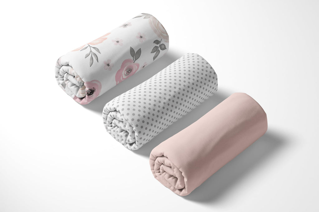 3-Piece Baby Crib Sheets Set Pink Floral Fitted Standard Size M82258