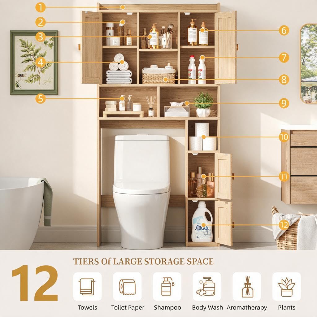Over The Toilet Storage Cabinet with 4 Doors V764
