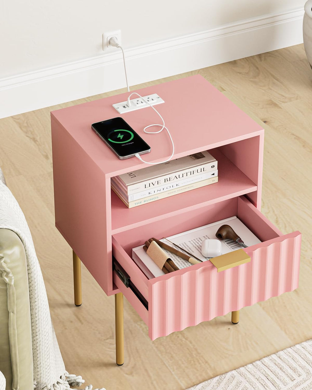Pink Fluted Nightstand with Charging Station V59930
