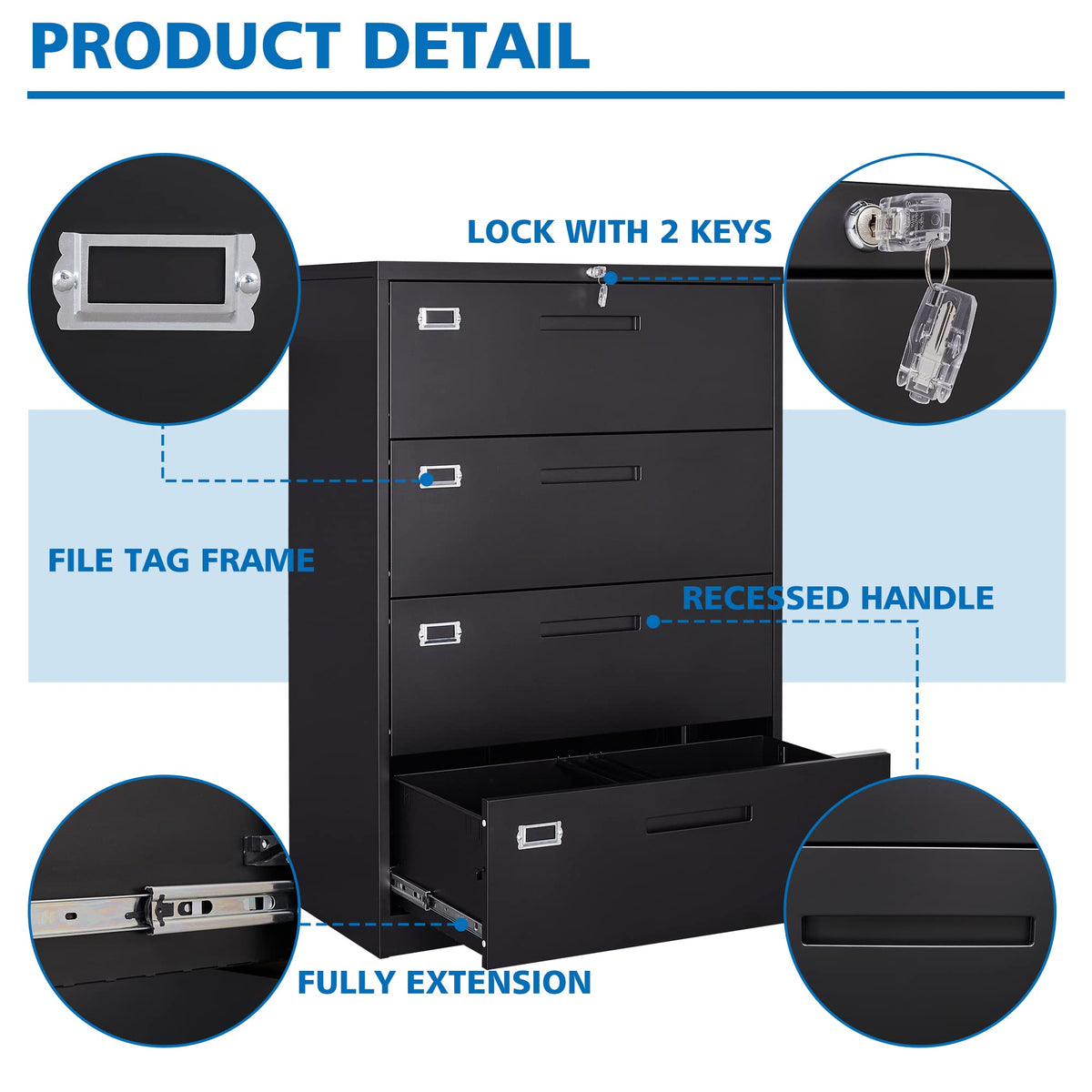 4 Drawer Black Metal Filing Cabinet with Lock W7496