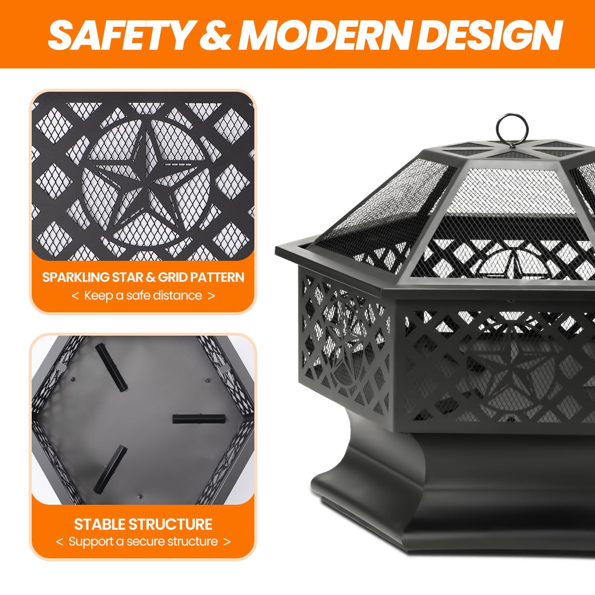 28 Inch Hexagonal Fire Pit with Spark Screen & Fire Poker Black P64474