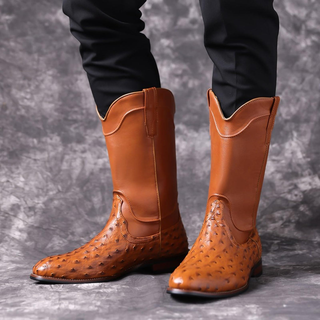 Men's Ostrich Pattern Leather Western Cowboy Boots X720489