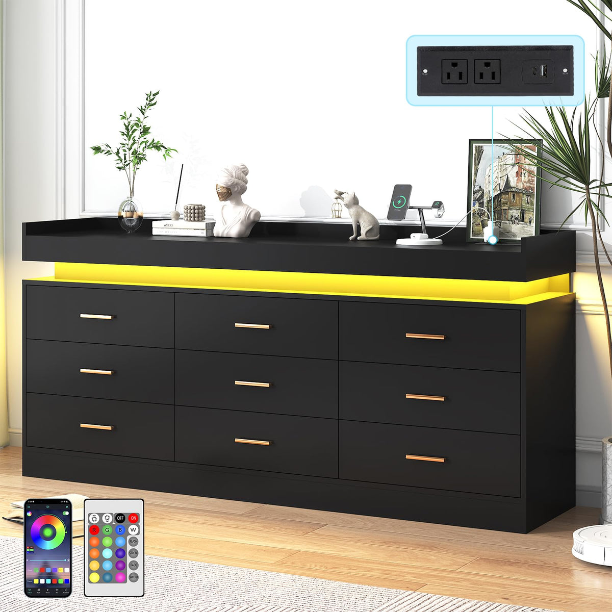 Black 9 Drawer Dresser with Charging Station and LED Lights M570