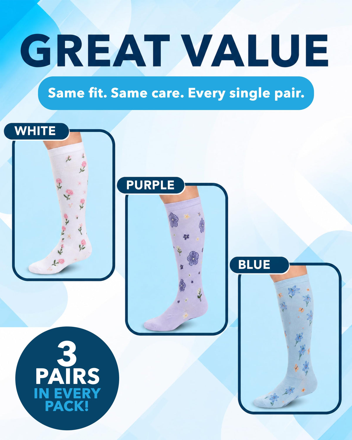Bamboo Viscose 8-15 mmHg Knee High Compression Socks 3 Pairs X5387