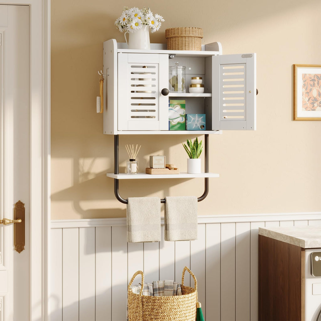 White Double Doors Bathroom Wall Cabinet with Towel Bar, Adjustable Shelf, 2 Hooks O504948