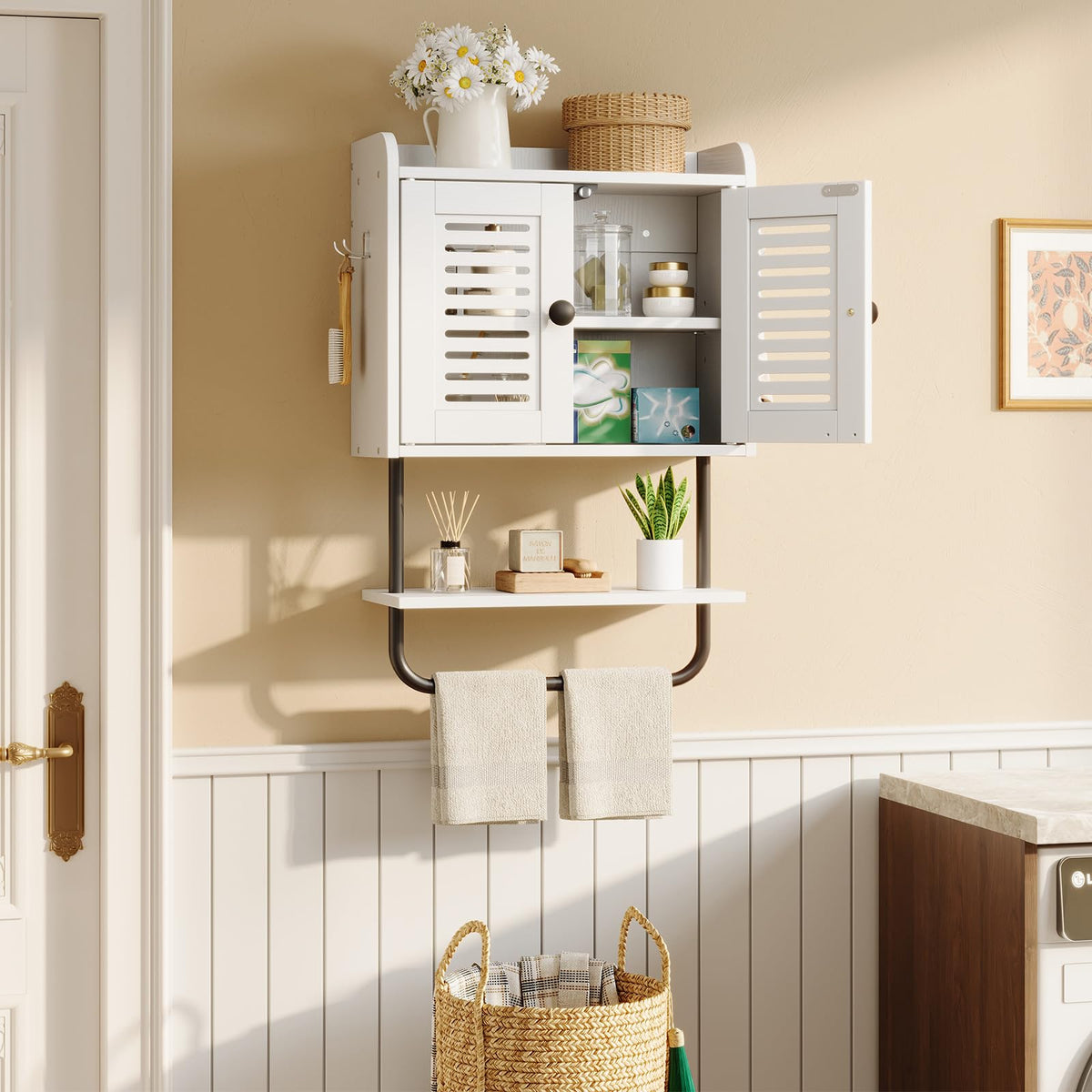 White Double Doors Bathroom Wall Cabinet with Towel Bar, Adjustable Shelf, 2 Hooks O504948