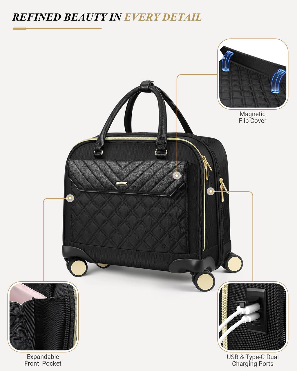Rolling Laptop Bag for Women, 45L Wheeled Briefcase with USB Type-C Ports, Black Gold E598461