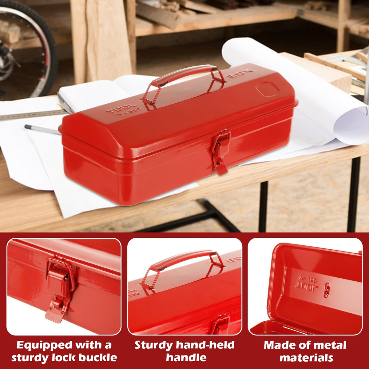 14 Inch Red Metal Tool Box with Latch and Handle M3782