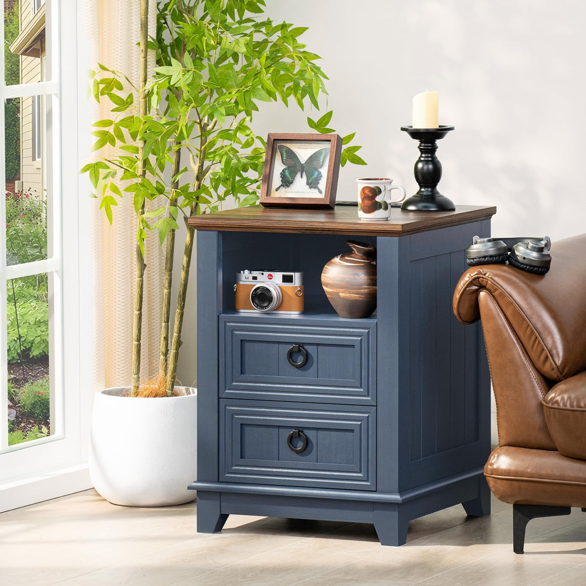 18" Blue Wooden Nightstand Set of 2 with Charging Station W58842
