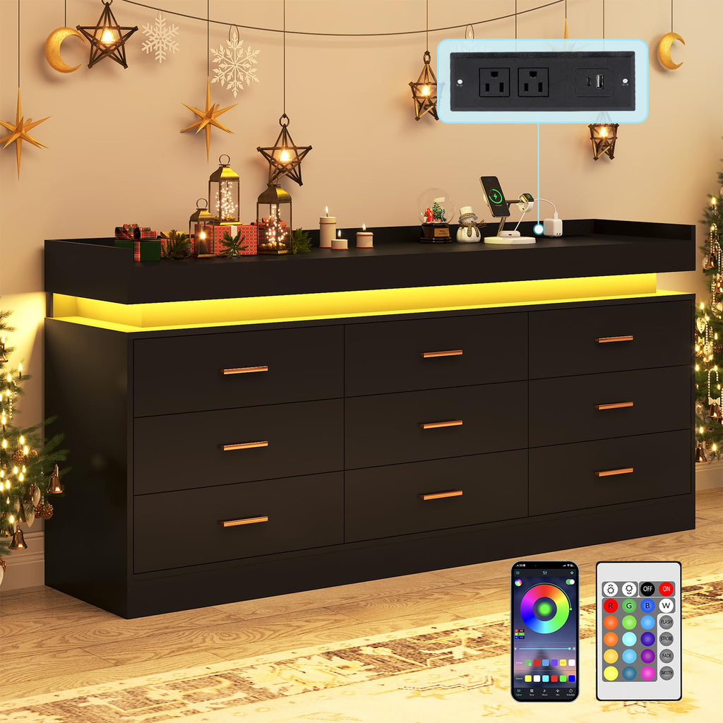 Black 9 Drawer Dresser with Charging Station and LED Lights M570