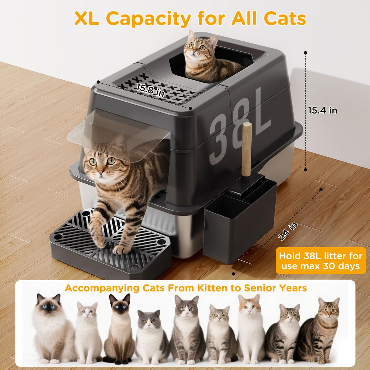 XL Black Stainless Steel Litter Box with Lid M397