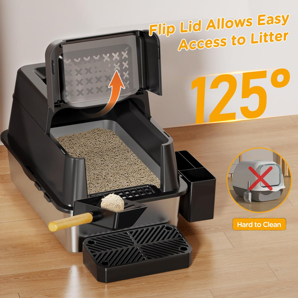 XL Black Stainless Steel Litter Box with Lid M397