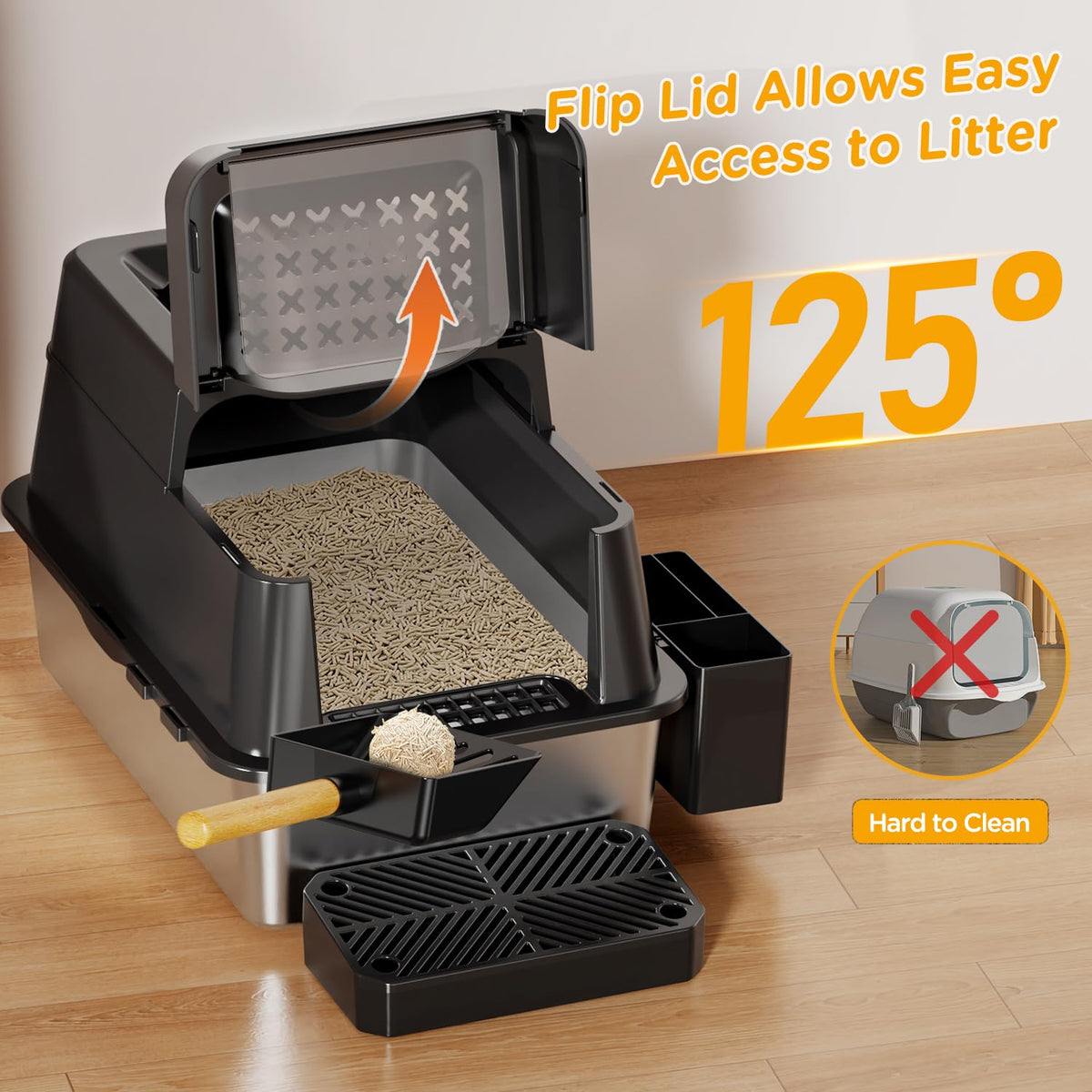 XL Black Stainless Steel Litter Box with Lid M397