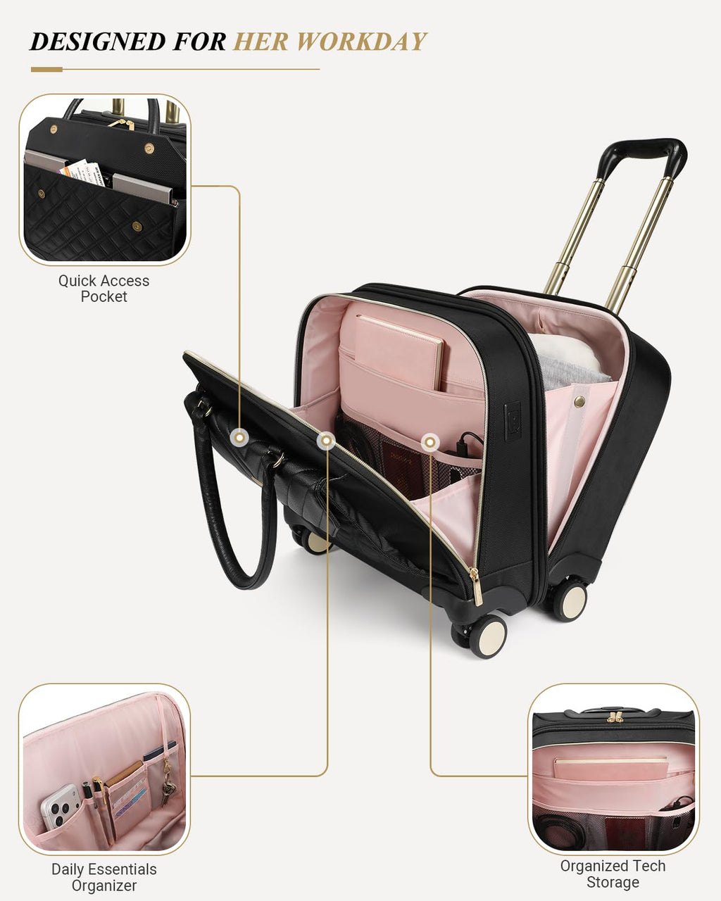 Rolling Laptop Bag for Women, 45L Wheeled Briefcase with USB Type-C Ports, Black Gold E598461