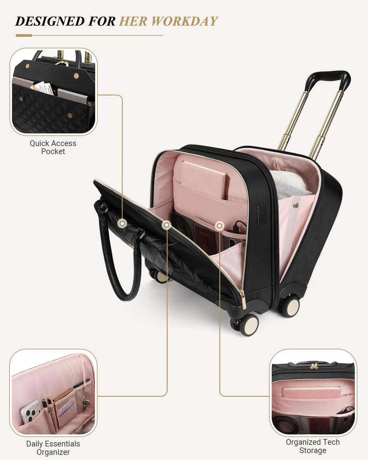 Rolling Laptop Bag for Women, 45L Wheeled Briefcase with USB Type-C Ports, Black Gold E598461