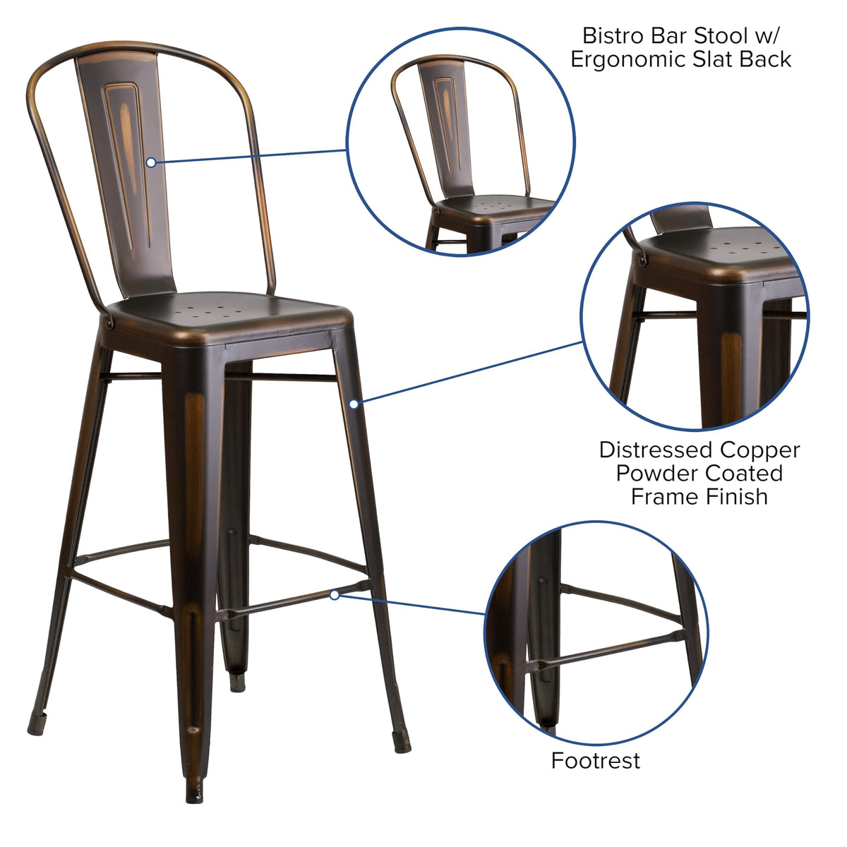 Distressed Copper Metal Indoor-Outdoor Barstool with Back U858