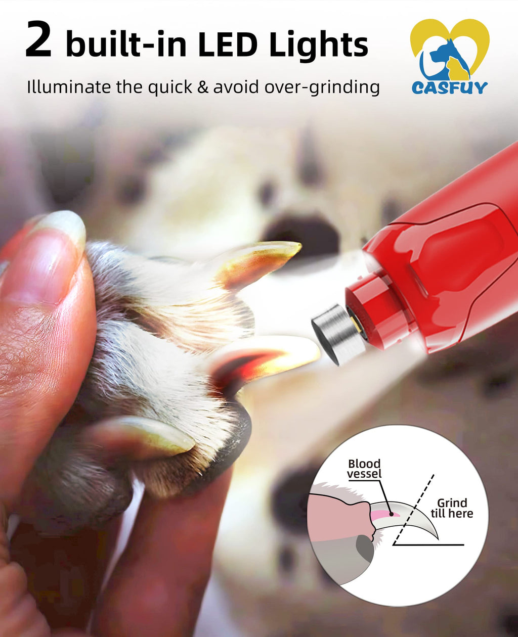 Quiet 6-Speed Rechargeable Electric Dog Nail Grinder with 2 LED Lights W14136