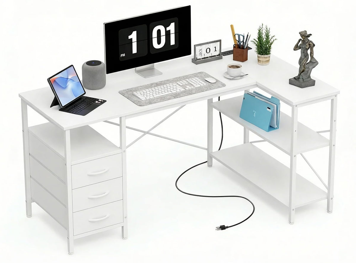 White 47 Inch L Shaped Gaming Desk with 3 Drawers and Shelves T889814