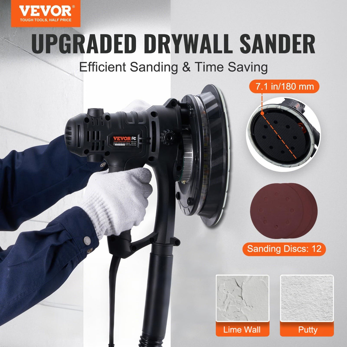 800W Electric Drywall Sander with 12 Sanding Discs I41226