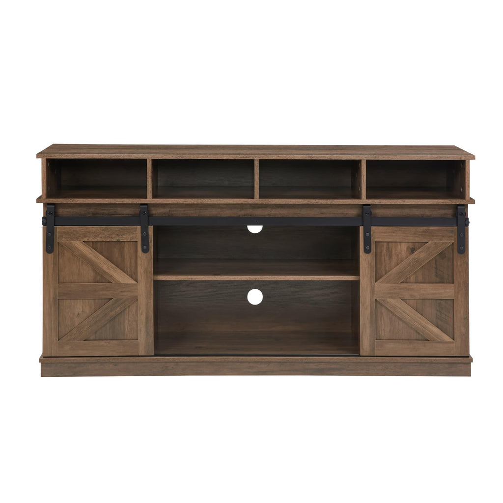 Natural Brown Wood TV Stand with Sliding Barn Door I15238