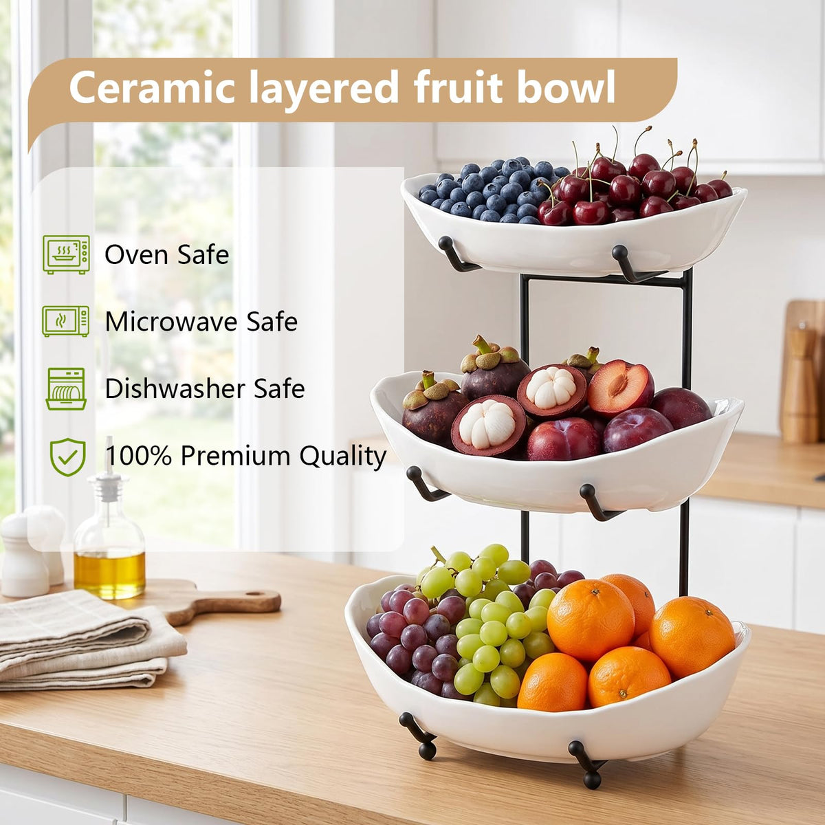 3 Tier Ceramic Fruit Bowl with Metal Stand O338196