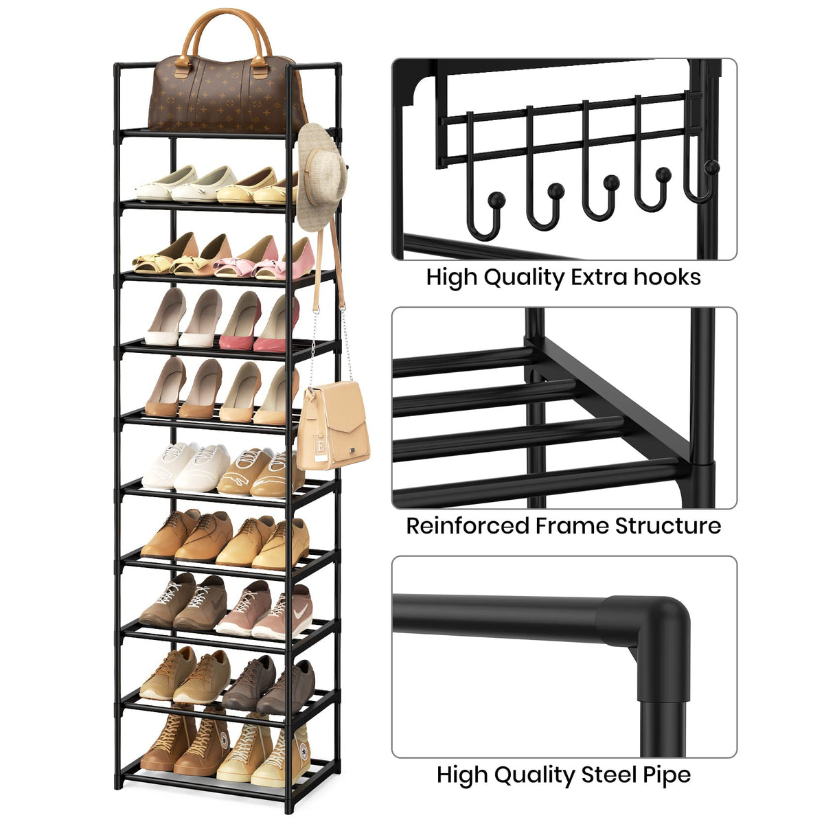 Black 10 Tiers Narrow Shoe Rack A2460