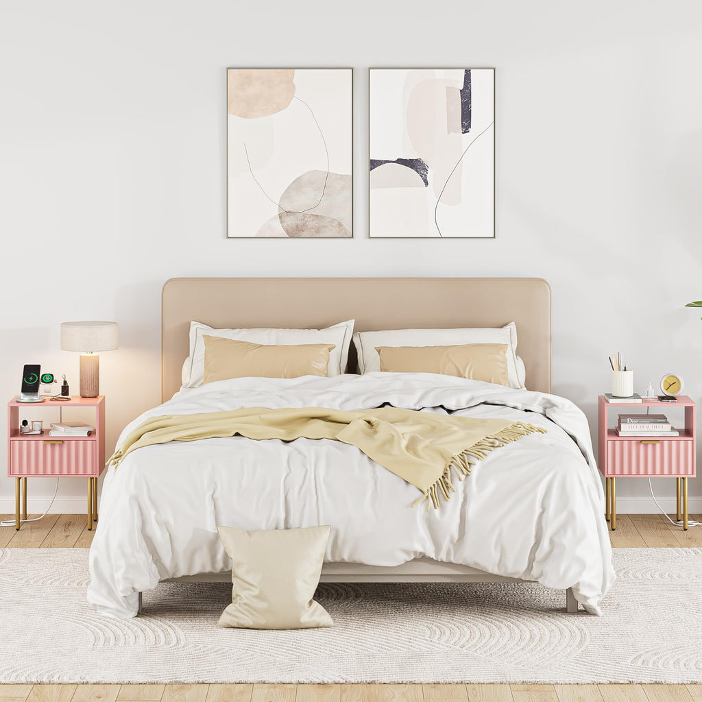 Pink Fluted Nightstand with Charging Station V59930