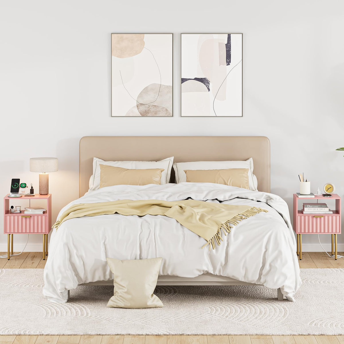 Pink Fluted Nightstand with Charging Station V59930
