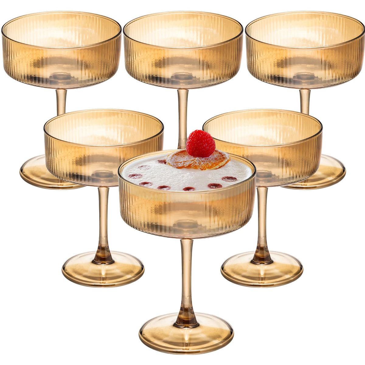 Set of 6 Amber Ribbed Coupe Cocktail Glasses H3893