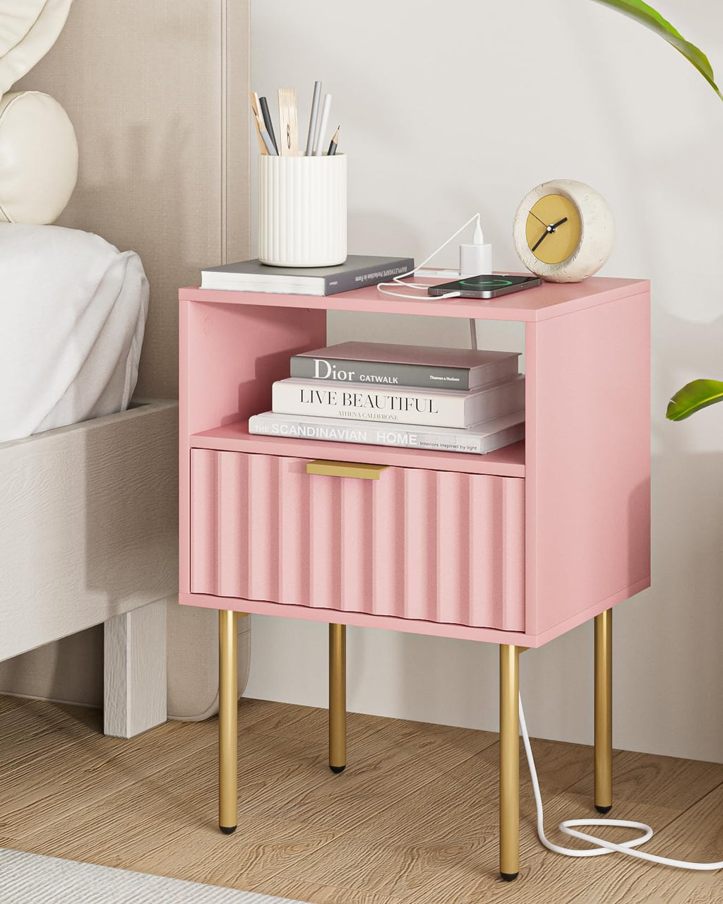 Pink Fluted Nightstand with Charging Station V59930